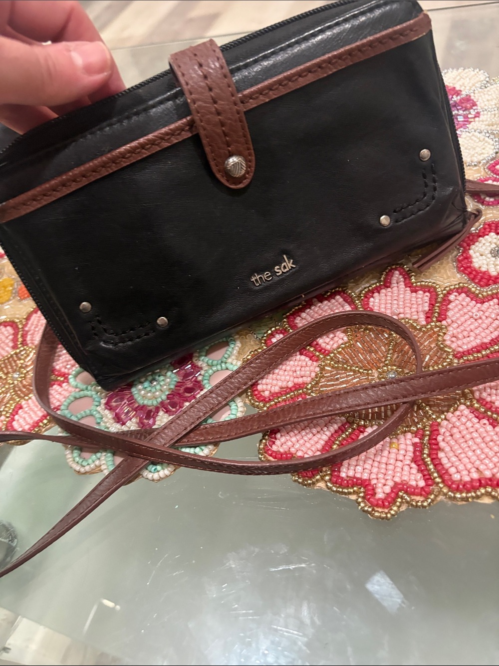 The Sak Iris Black Leather Smart Phone Black Brown Wallet Wristlet Crossbody